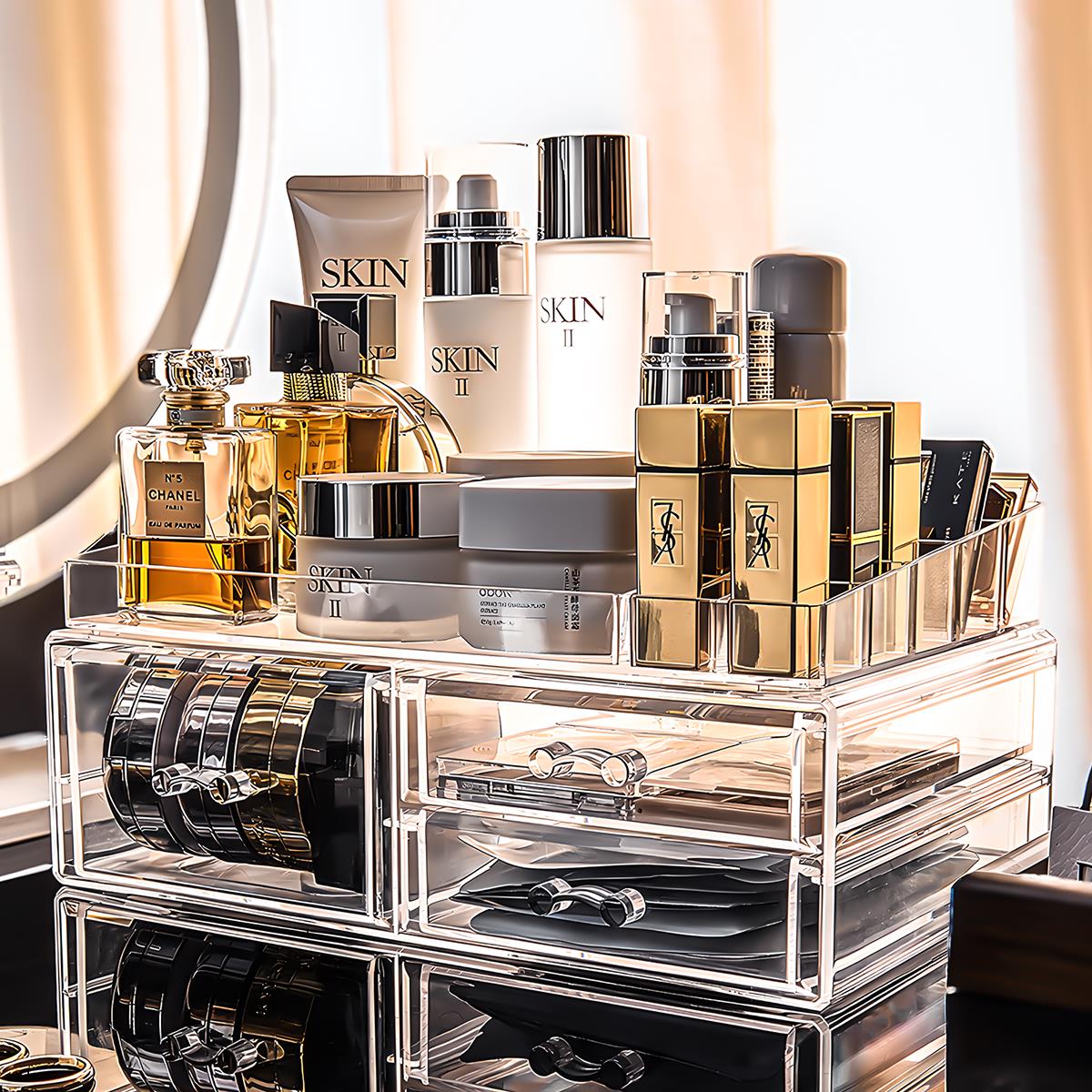 大容量护肤品收纳化妆收纳WNF盒盒抽屉梳式口红彩妆粉底品置物架