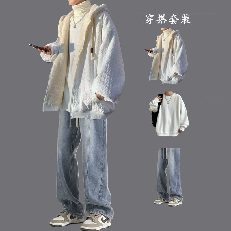 港风羊羔绒外套男款冬季套装加绒休闲运动套装