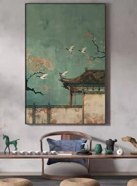 RYL绿色仙鹤茶新室书房装饰画中式国风竖版挂酒客厅店大画堂高档