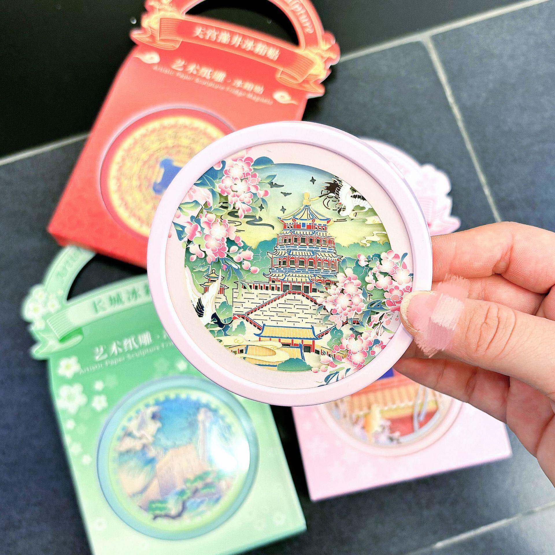 202BJ5古冰灯箱贴古建筑力贴磁磁吸三色夜风艺术纸雕冰箱贴新年礼