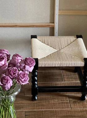 方中古实木黑色凳雕刻法式编客NNW织换鞋凳厅家用小凳小矮凳子茶