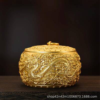 纯黄铜百福聚财缸龙凤茶叶罐ZCQ聚带盖铜米号宝盆茶大叶盒厂家