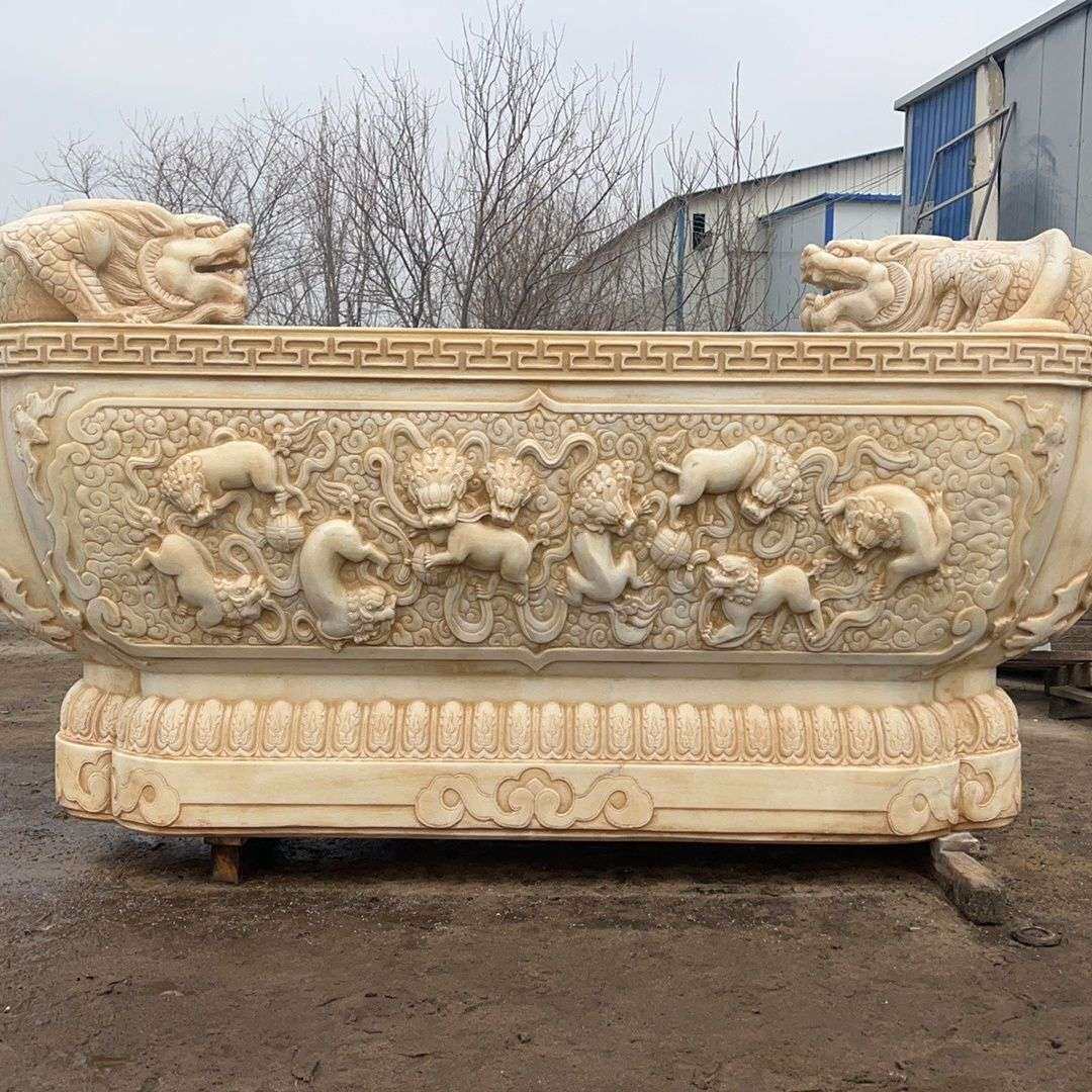 石雕鱼缸花盆庭院汉白玉石槽仿古旧门海室内摆件户外种花养鱼盆景