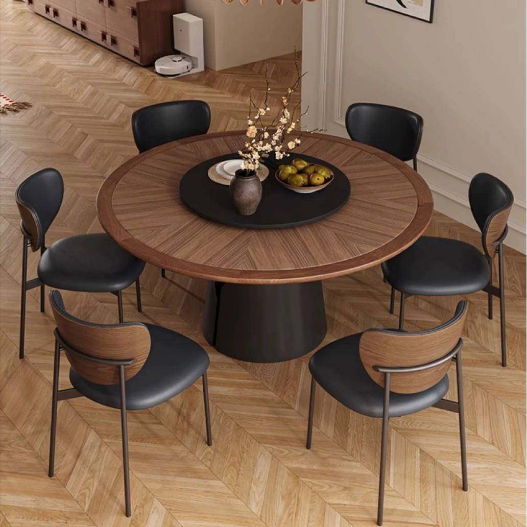 现货圆桌实木纹理圆形岩板沙漏餐级桌法转式油复古奶家用高感带盘