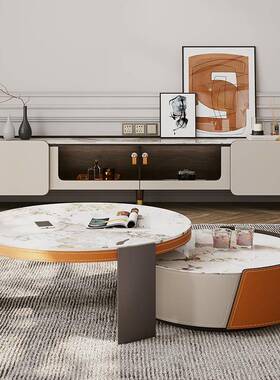 17955意式极简岩子板茶几轻奢现代简约母客马鞍皮电厅视柜茶几组