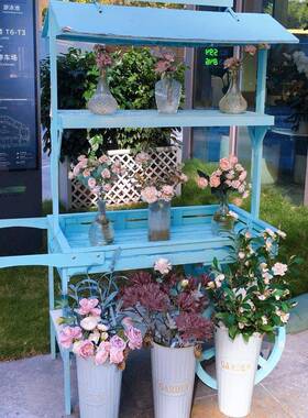 美式乡村复古木店制多肉花架手推花房68705橱窗置车物架花展示架