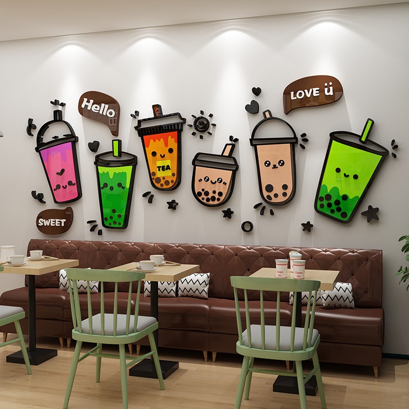 网红奶茶店吧台墙壁面装饰u摆件氛围背景布置门口吸引人形象贴纸