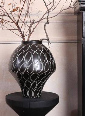 法式中古花风陶瓷黑色瓶民宿样板酒店圈家居餐桌房花圆TVG插花器