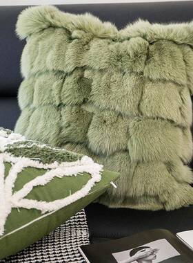 狐HL-006狸毛抱枕草现皮代轻奢床头样板房米灰色靠包腰枕厅客发沙