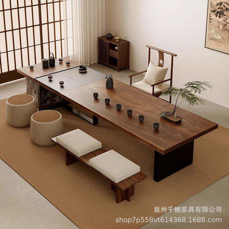 新中式茶桌宋代美学黑桃喝木茶桌椅组合公客BEA厅办室大板茶台胡