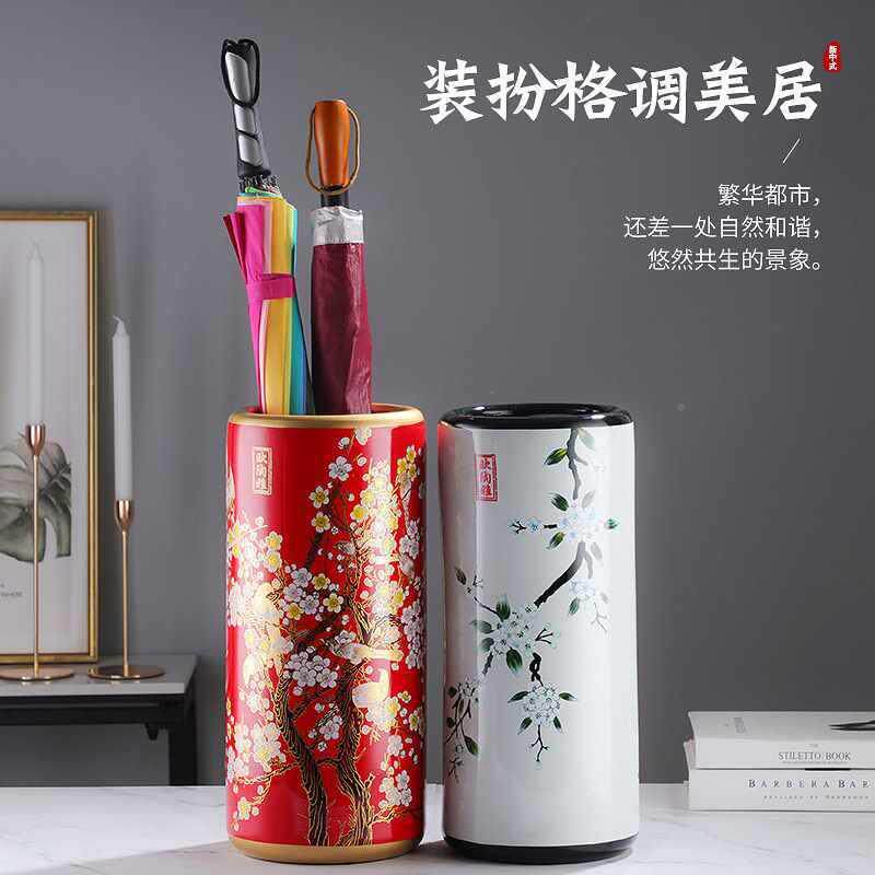 美式陶瓷落地桶瓶干花插花收F88H7586纳花装桶客厅轻奢复古饰花插