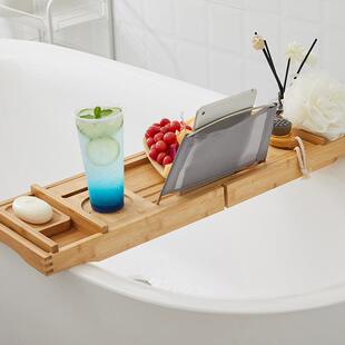 原木色缸摆架可伸缩楠竹浴缸置794物架浴泡澡件置物托盘架家用