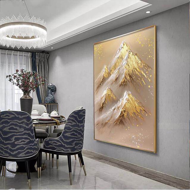 纯手绘日照山挂日照金山画玄关饰画金金箔抽入户门走廊装过道壁画