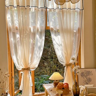 轻法式中古极简风香槟色亚麻纱帘日式黑边客厅阳台茶室帘头款窗帘