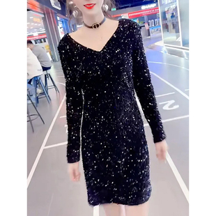 时尚 2024春季 中长款 收腰显瘦百搭A字裙子女大码 亮片连衣裙潮 新i款