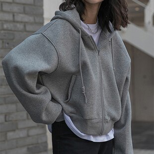 小个子美式 爆款 复古上衣 灰色拉链卫衣外套女秋冬2024新款 连帽短款