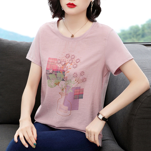 女士半袖 2021夏装 t恤女上衣中年妇女洋气大码 妈妈纯棉短袖 t桖 新款