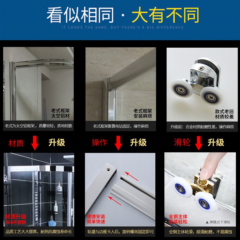 淋浴房浴室玻璃门隔断卫生间干湿分离沐浴屏不锈钢方形简易黑色