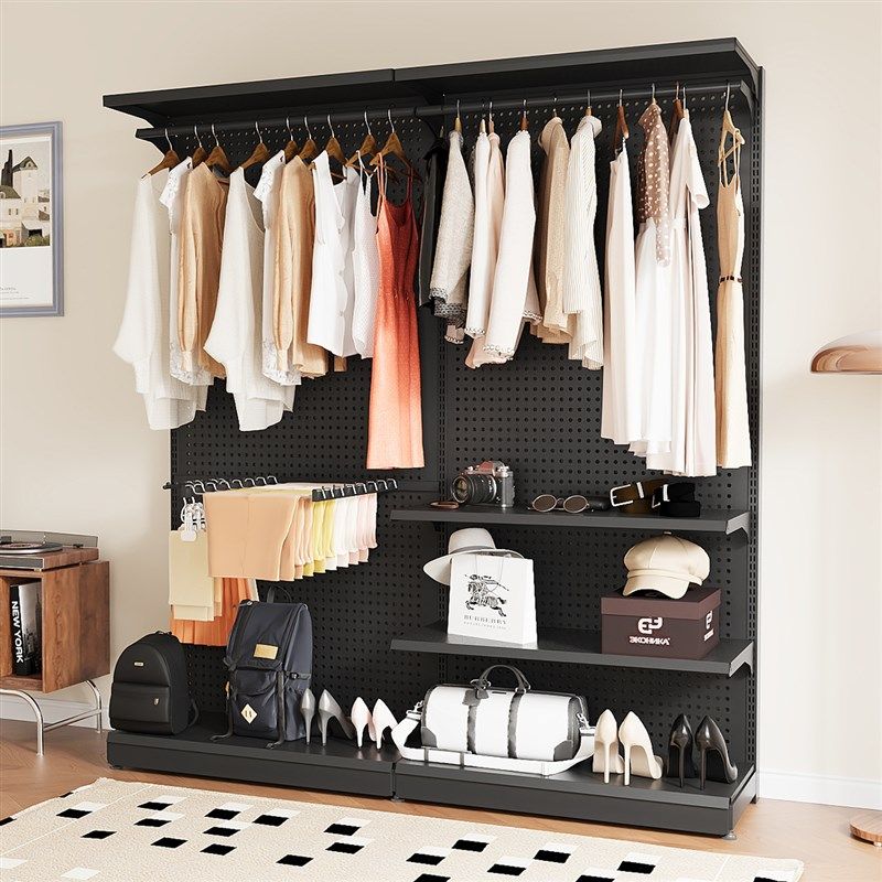 洞洞板简易衣柜卧室家用大衣柜出租房金属框架女生衣橱组装开放式