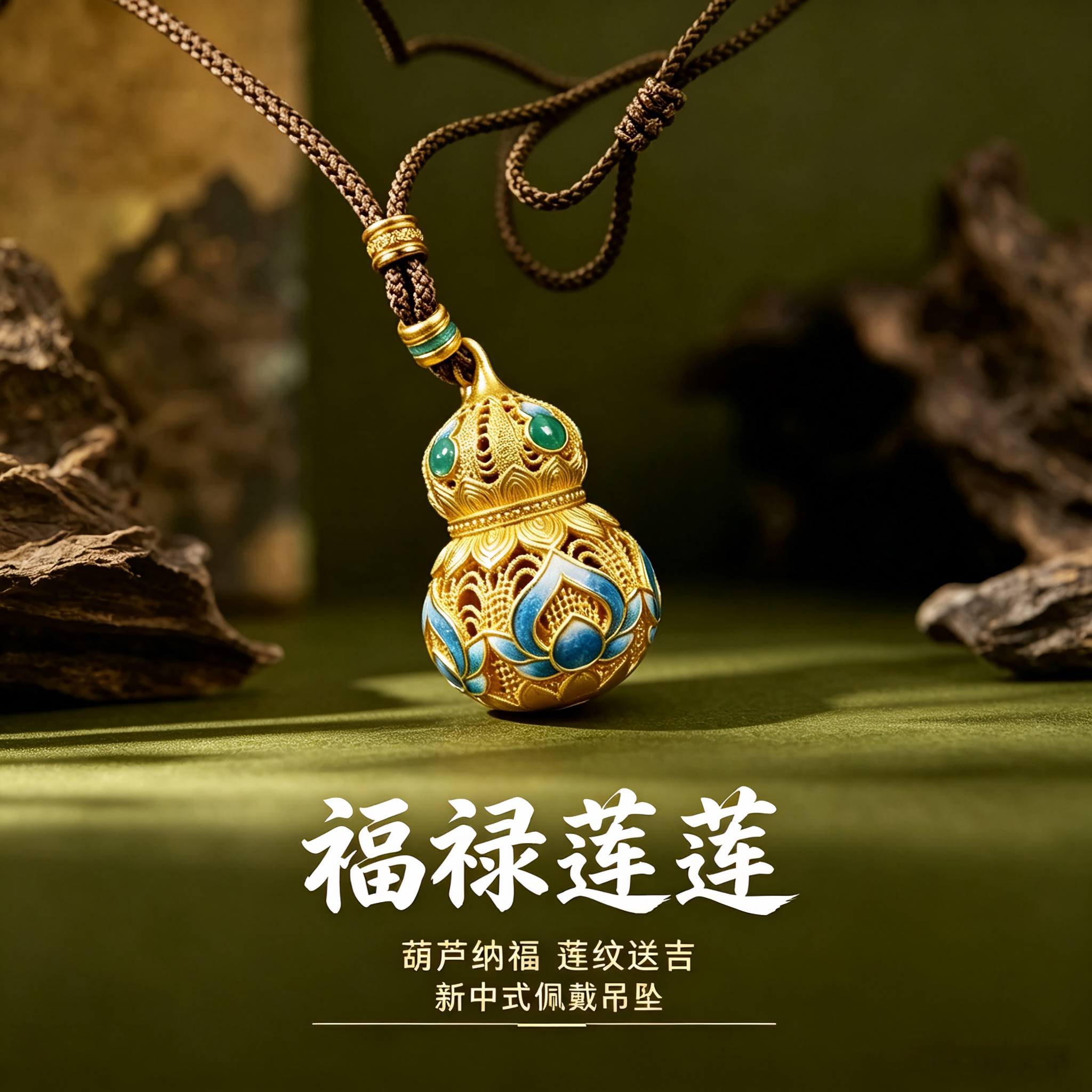 足银999福禄葫芦吊坠女国风花丝镂空烧蓝莲纹镶嵌绿宝石编绳项链