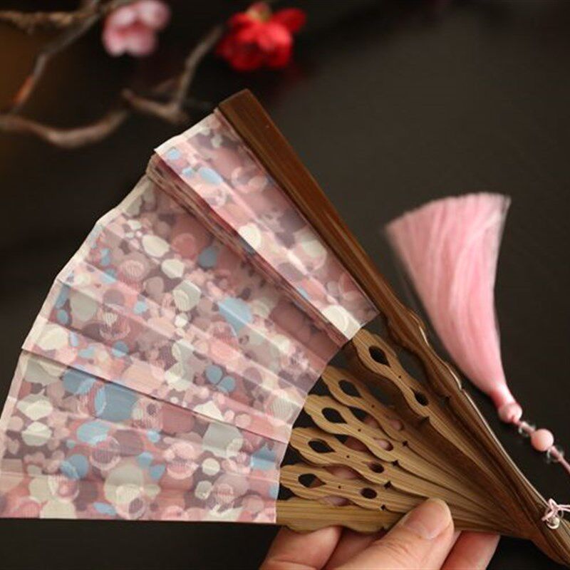 精美少女心粉紫色6寸女扇夏季折叠折扇汉服古典扇日用扇竹柄布扇