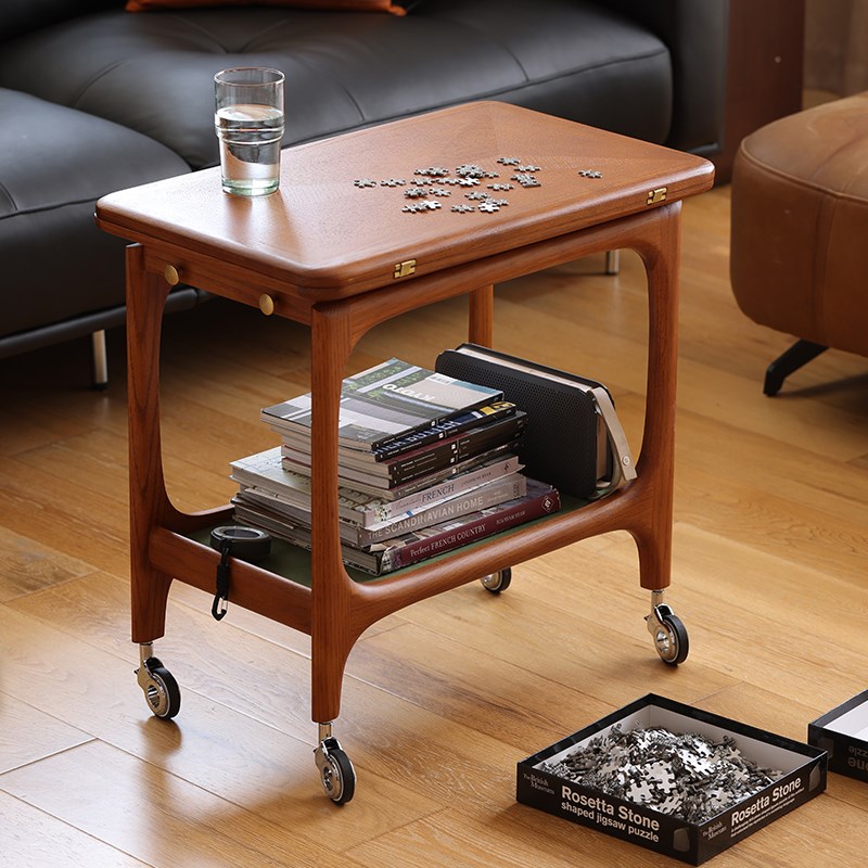 中古实木茶几多功能移动边几客厅家用小户型橡木实木推车折叠桌面