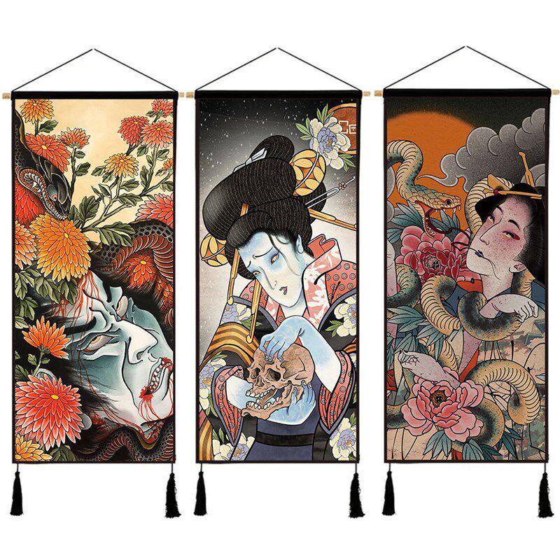 浮世绘艺伎玄关挂画纹身店装饰画挂布家居客厅墙壁挂毯传统背景布