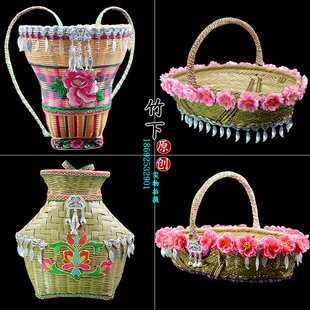 民族创意风手工编织竹制品竹背篓竹篮子手提篮舞蹈道具小背篼竹编