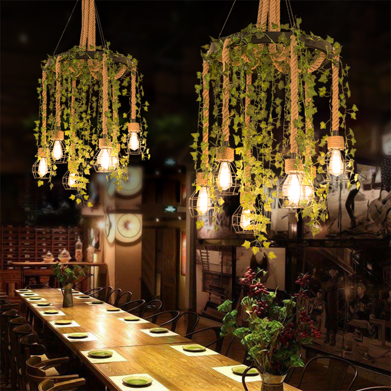 工业风吊灯创意个性音乐餐厅灯复古美发烧烤店绿植物装饰麻绳灯具