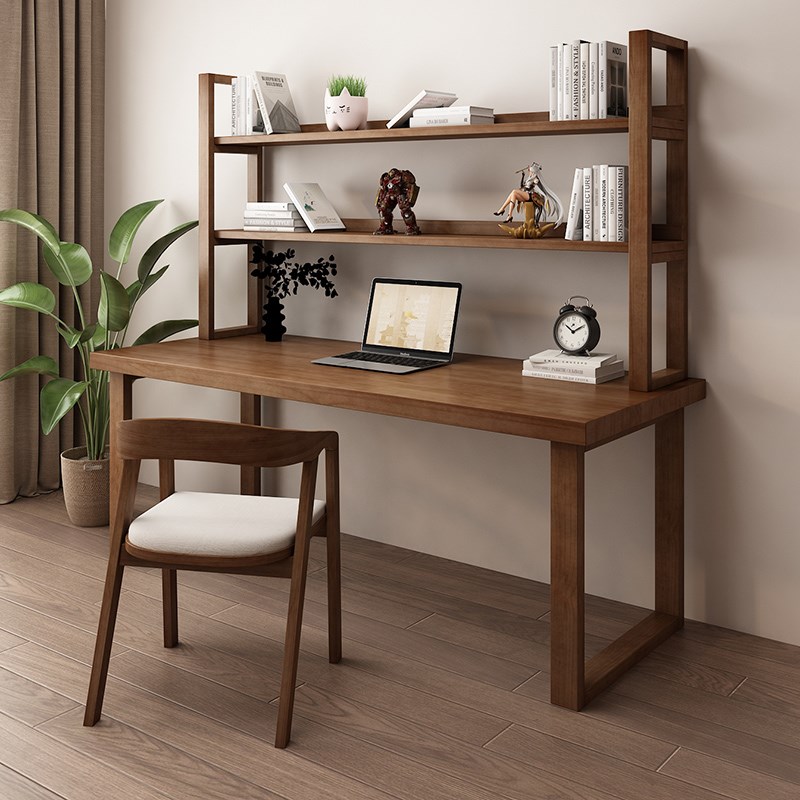 loft台式电脑桌实木双人书桌家用写字办公桌现代简约一体书架组合