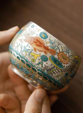 主千代鱼IEJ藻纹鎏银人茶杯陶瓷镀银茶杯珐琅杯彩大容量茶碗单杯
