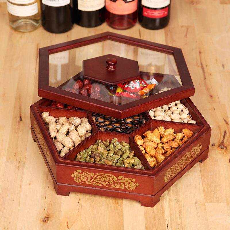 式干果盒F958MS9T糖果盒喜庆家用分格盖中创意木子质瓜子盘零食带
