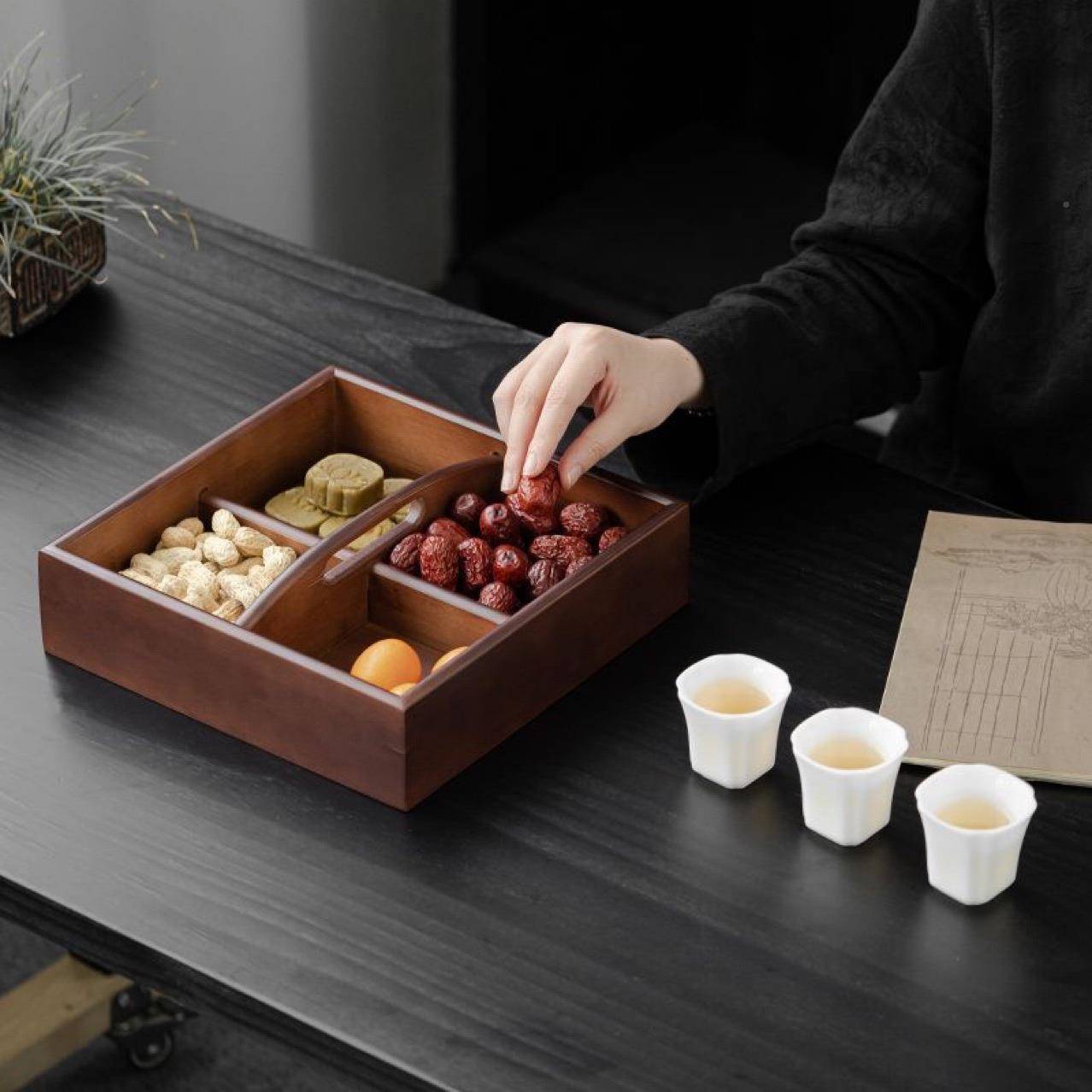 四格手提胡桃木色食干果盒23323围炉煮创茶意零盘家客厅瓜盘用中