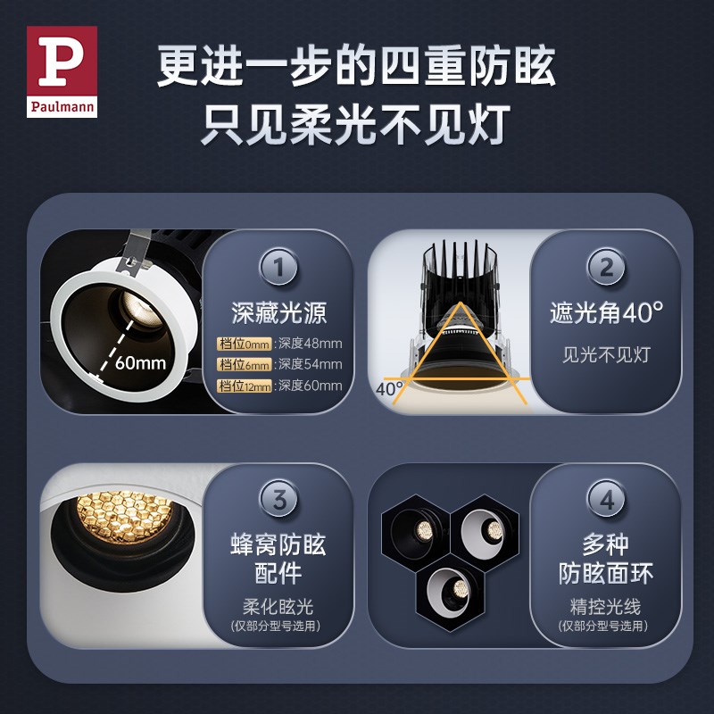 柏曼筒灯led天花灯嵌入式 窄边框深防眩射灯洗墙客厅无主灯具