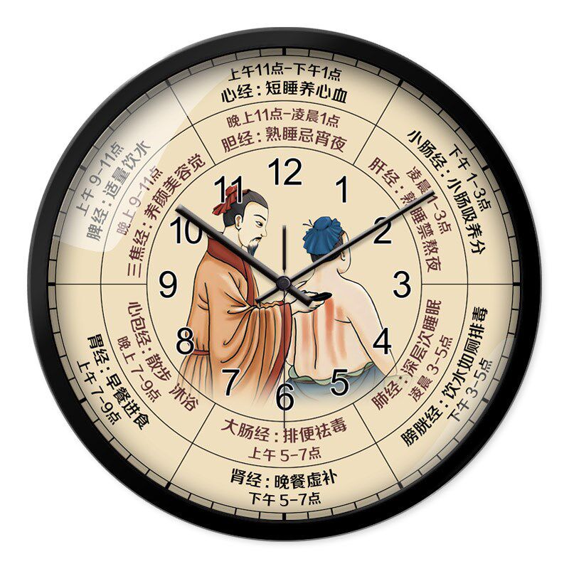 推拿刮痧拔罐养生馆墙上装饰静音挂钟子午流注时辰表排毒养颜时钟
