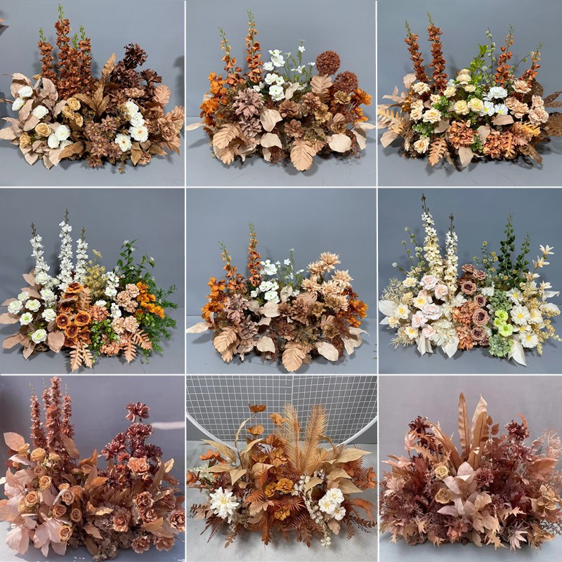 婚庆地排花咖色花艺订婚宴布置婚礼堂舞台路引花婚庆绢花排仿真花