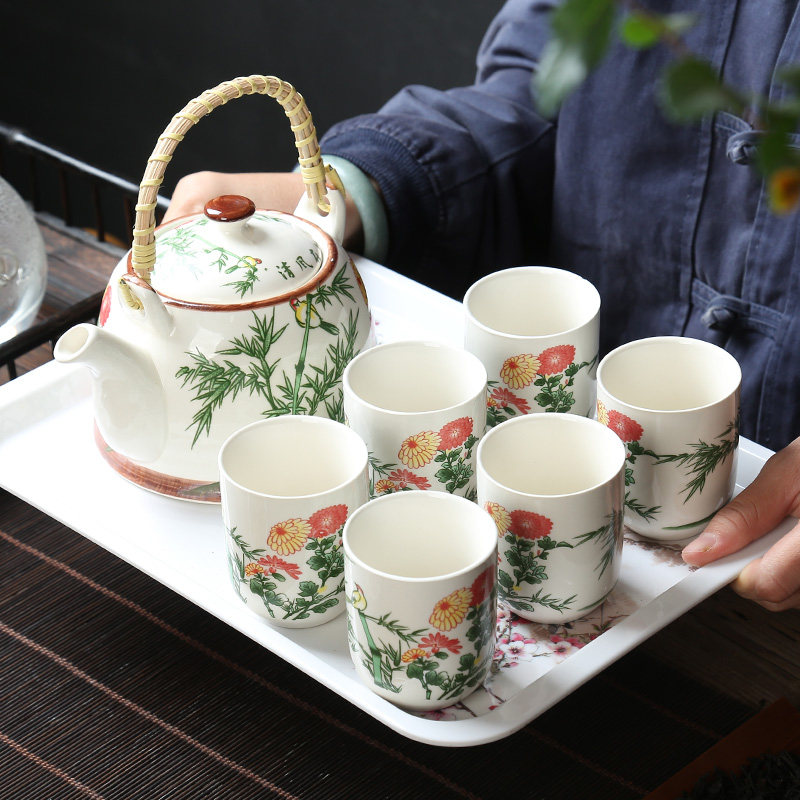 家用陶瓷复古青花提梁壶茶具套装带过滤茶壶茶杯公司开业活动送礼