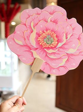洛阳牡丹扇子 复古风宫廷花朵形簪花仕女纸扇跳舞蹈工艺团扇女生