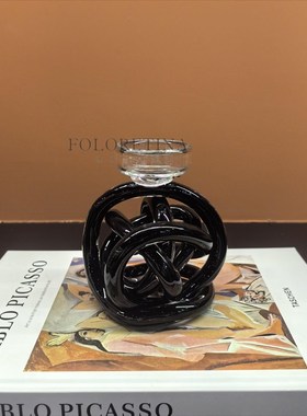 中古侘寂风黑色麻绳设计烛台装饰品摆件样板间茶几台面扭结烛台