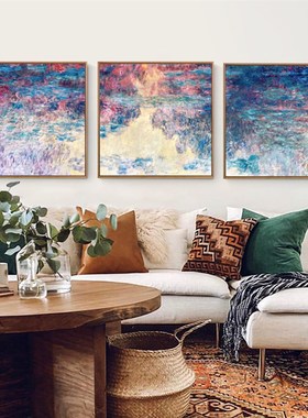 莫奈傍晚睡莲 欧式组合样板房客厅卧室风景三联画挂画装饰画墙画