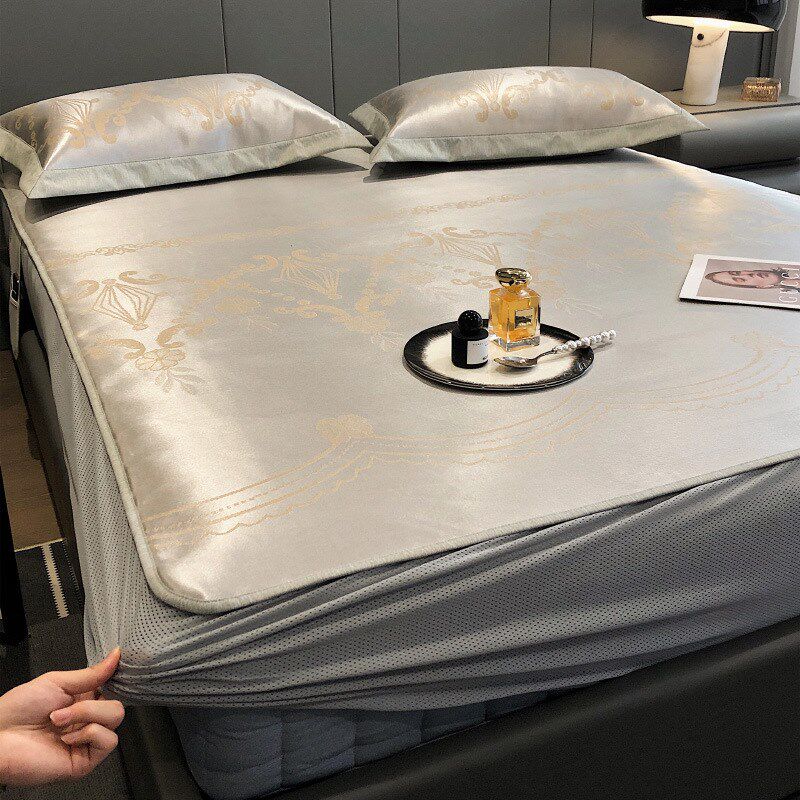 简约凉感冰丝凉席提花空调席丝滑可水洗折叠床笠款软席子三件套