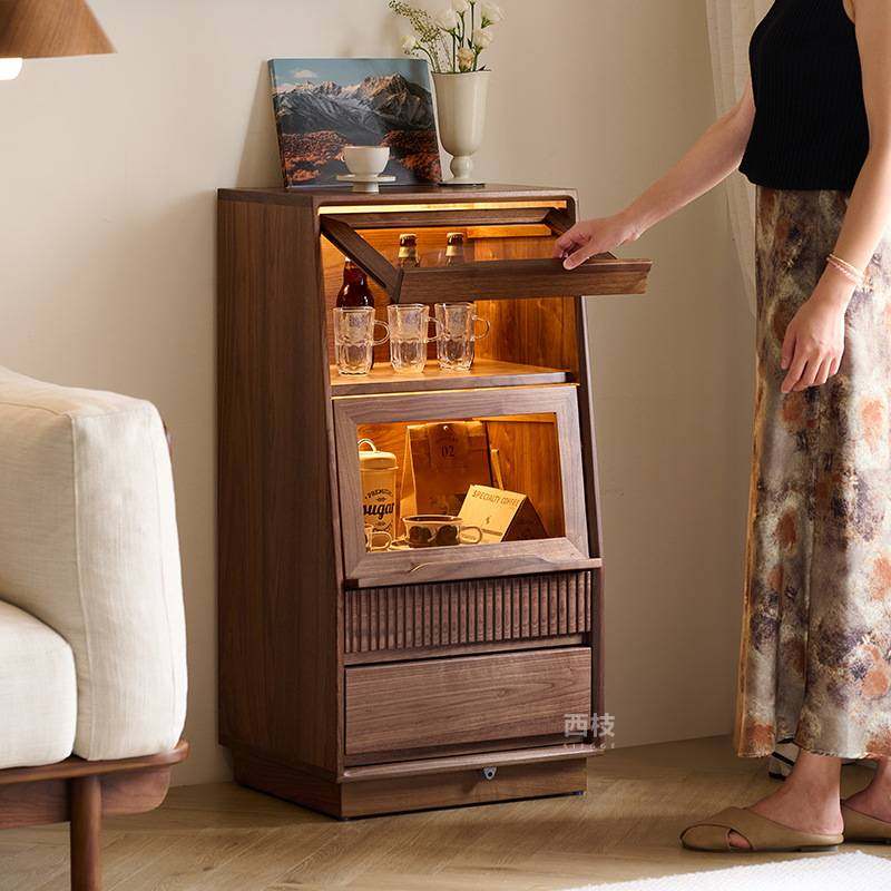 北美黑胡桃木电视柜旁小边柜带翻盖玻璃展示斗柜家用客厅实木立柜