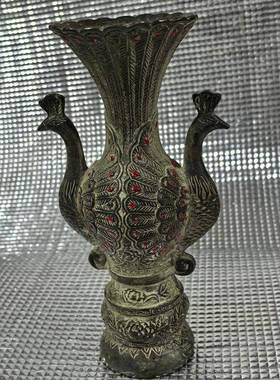 仿古做旧古玩老青铜孔雀铜器摆件仿古青铜装孔吉雀瓶祥如意双凤瓶