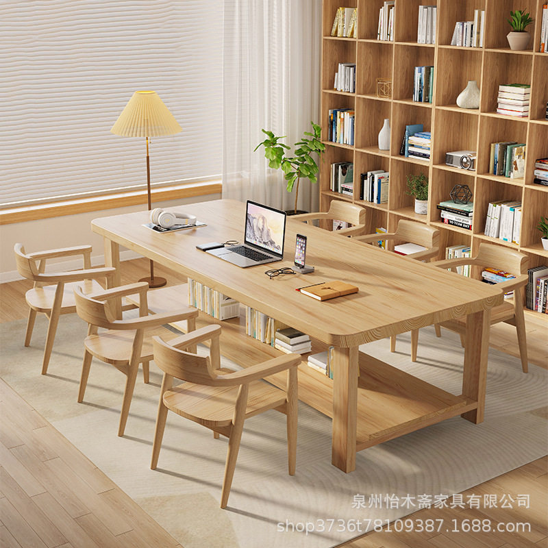 原木实木办公桌简约现代公司会议桌家用客厅接待休闲泡茶工作台桌