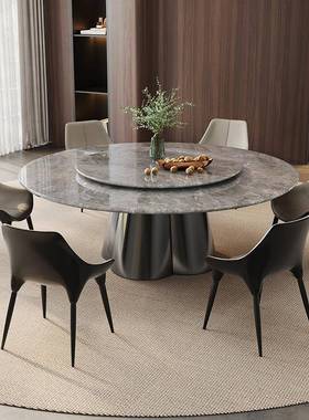 27K意式轻奢20589云多灰圆理石餐桌别墅家用带转盘2米2.米大大圆