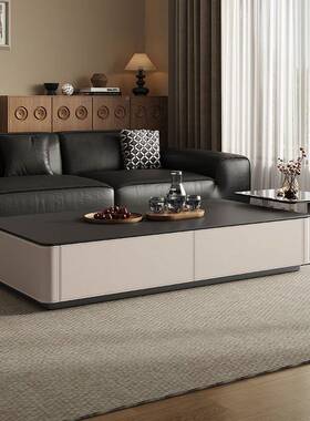 意式轻奢长方形客厅黑色岩茶几约简小户型马鞍大黑皮牛组合茶EFF