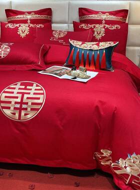 兰新中罗式婚庆四件套红色结婚上六件套MIW床婚嫁棉喜被棉斜纹