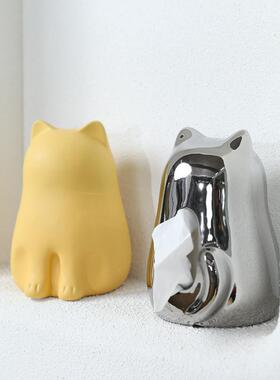 现代简约可XEZ爱猫纸咪陶瓷巾盒摆意家创用纸抽盒客厅桌面装件饰