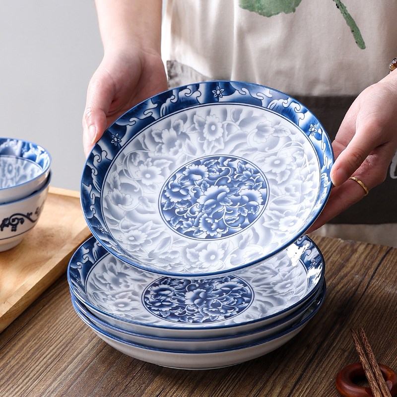 青花瓷盘子陶瓷菜盘家用2024新款老式餐具碗碟套装7/8寸汤盘深盘
