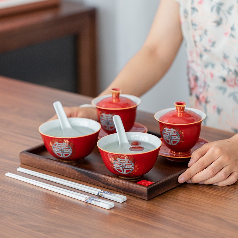 结婚敬茶杯茶碗套装改口敬茶碗喜庆红色盖碗茶杯一对喜碗对碗婚庆